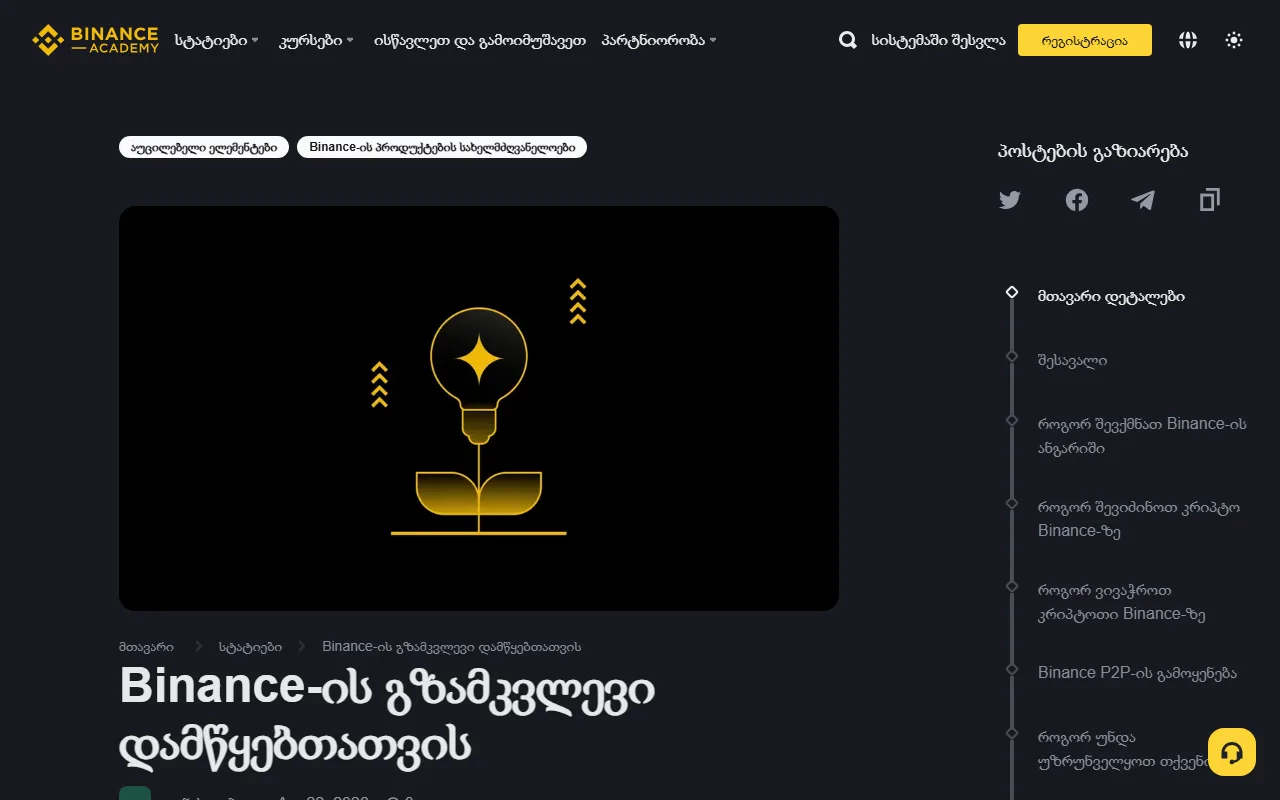 Binance Academy-ის ქართული გვერდი სათაურით „Binance-ის გზამკვლევი დამწყებთათვის“, ოფიციალური ნავიგაციითა და სტატიის სარჩევით