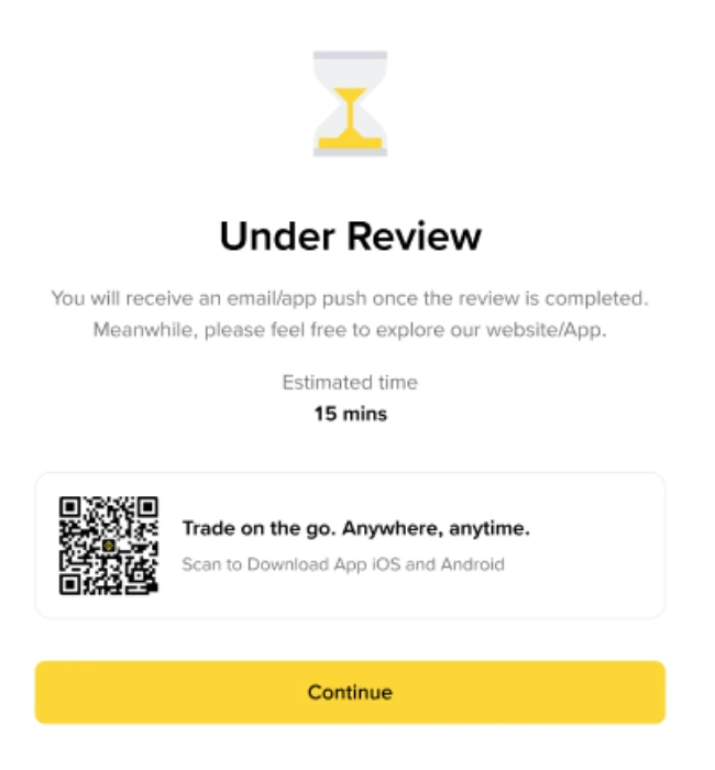 Binance Under Review экраны: құм сағаты белгісі, Estimated time 15 mins деген жазу