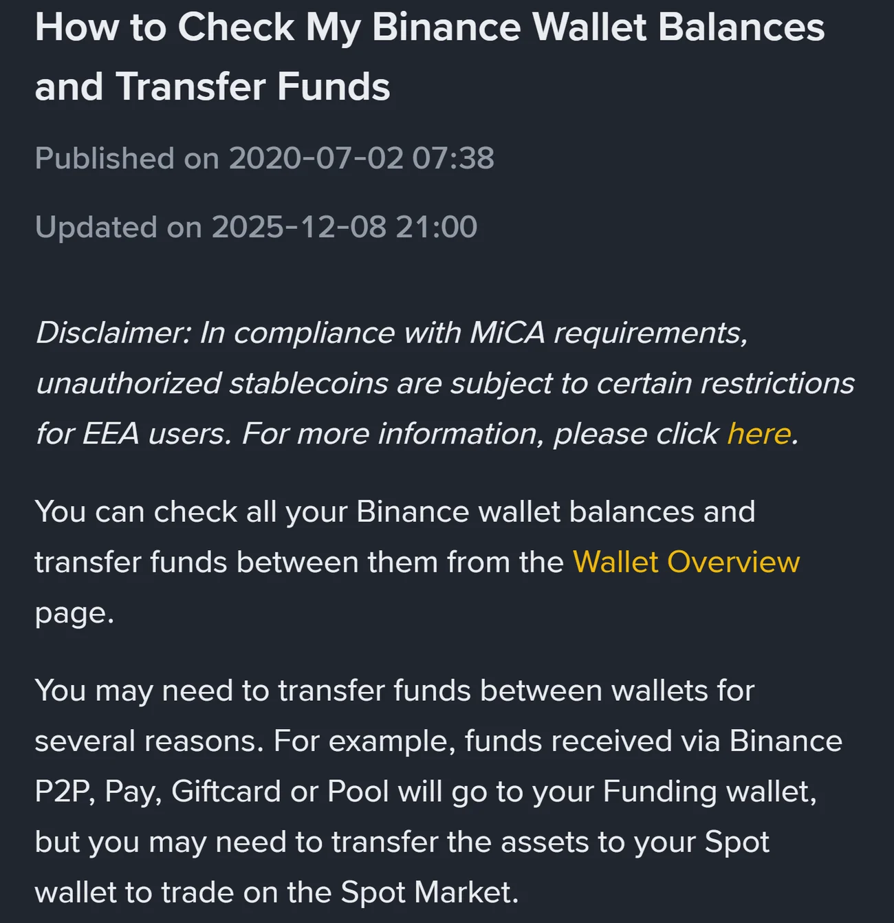Nagłówek artykułu Binance „How to Check My Binance Wallet Balances and Transfer Funds” z datą aktualizacji 8 grudnia 2025 r. i akapitem o środkach z P2P trafiających do portfela Funding