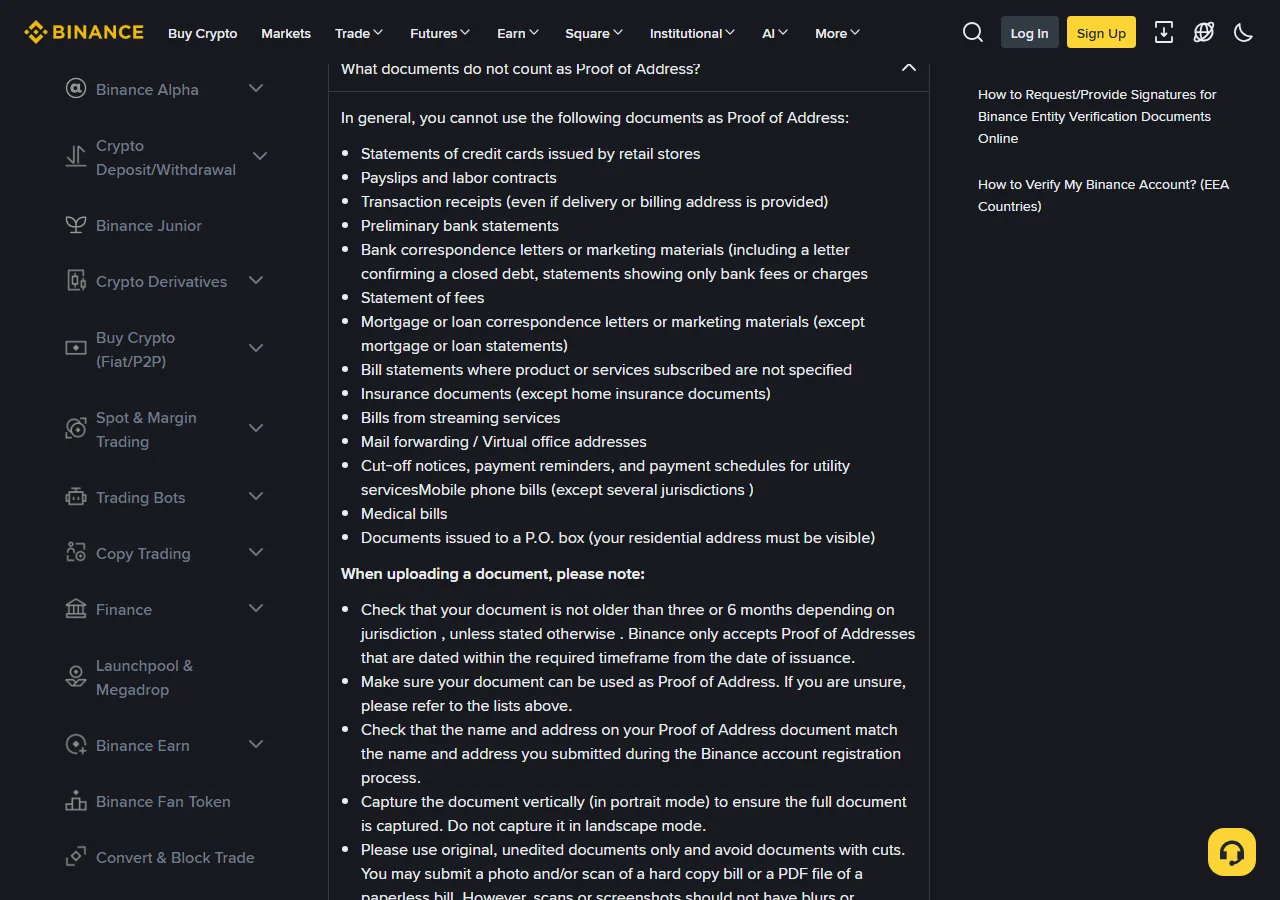Rozwinięta sekcja „What documents do not count as Proof of Address?” na stronie pomocy Binance z listą odrzucanych dokumentów oraz początek listy wskazówek „When uploading a document, please note”