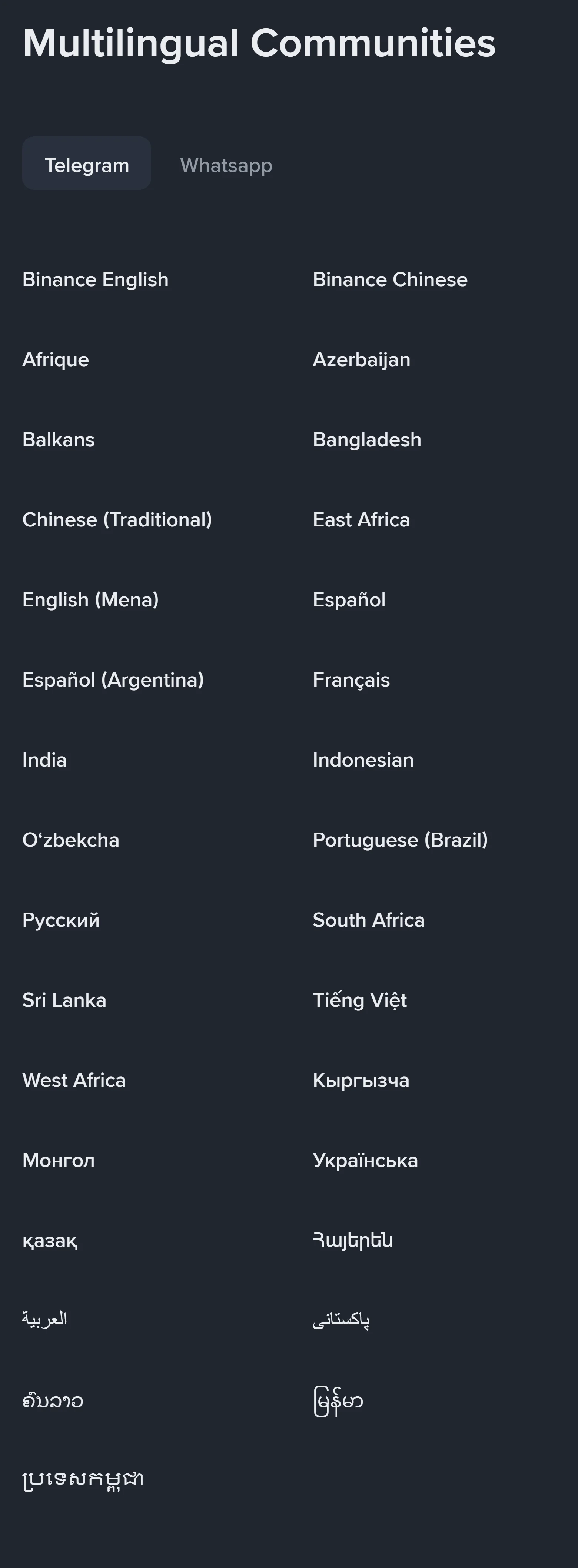 Binance-ის საზოგადოებების გვერდის Multilingual Communities განყოფილება Telegram-ის ჩანართით: 31 ენობრივი ჯგუფის სია Binance English-იდან ប្រទេសកម្ពុជា-მდე, ქართული ჯგუფის გარეშე