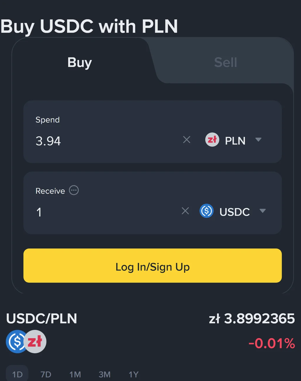 Strona Binance „Buy USDC with PLN" z polem Spend 3,94 PLN, polem Receive 1 USDC i kursem odniesienia USDC/PLN 3,8992365 zł