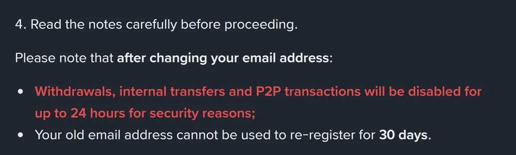 Punkt 4 instrukcji Binance: wypłaty, transfery wewnętrzne i P2P wyłączone do 24 godzin, a stary e-mail zablokowany na 30 dni
