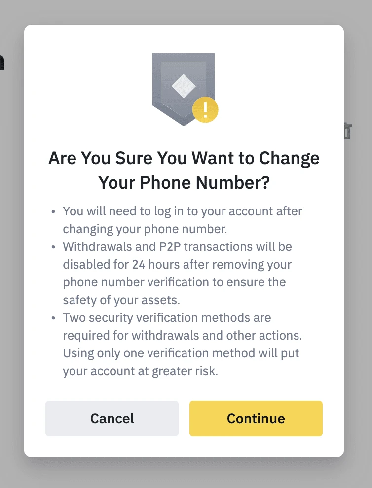 Okno Binance przy zmianie numeru telefonu w przeglądarce: wypłaty i P2P wyłączone na 24 godziny