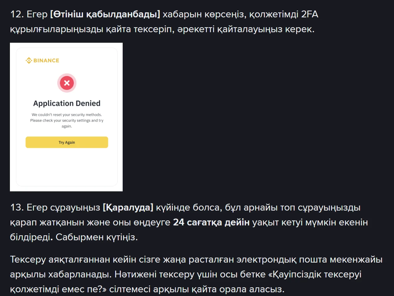 Application Denied терезесі және Қаралуда күйі 24 сағатқа дейін созылатынын жазған 13-қадам