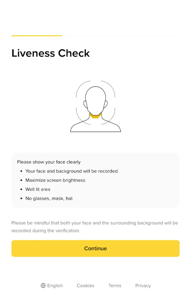 Binance-ის Liveness Check ეკრანი პირობებით: კარგი განათება და სათვალის, ნიღბისა და ქუდის გარეშე