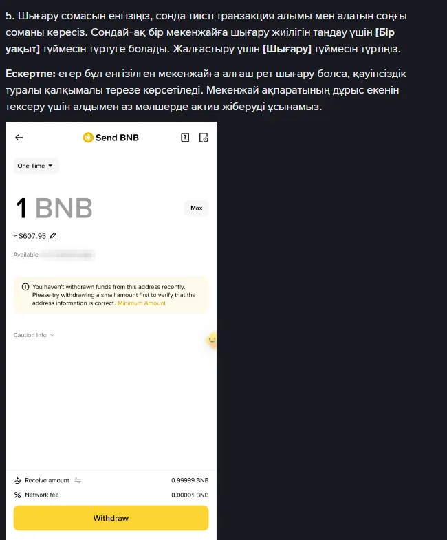 Binance нұсқаулығының 5-қадамы: Send BNB экранында 1 BNB сомасы, бұл мекенжайға бұрын шығару болмағаны туралы сары ескерту, төменде Receive amount пен Network fee жолдары