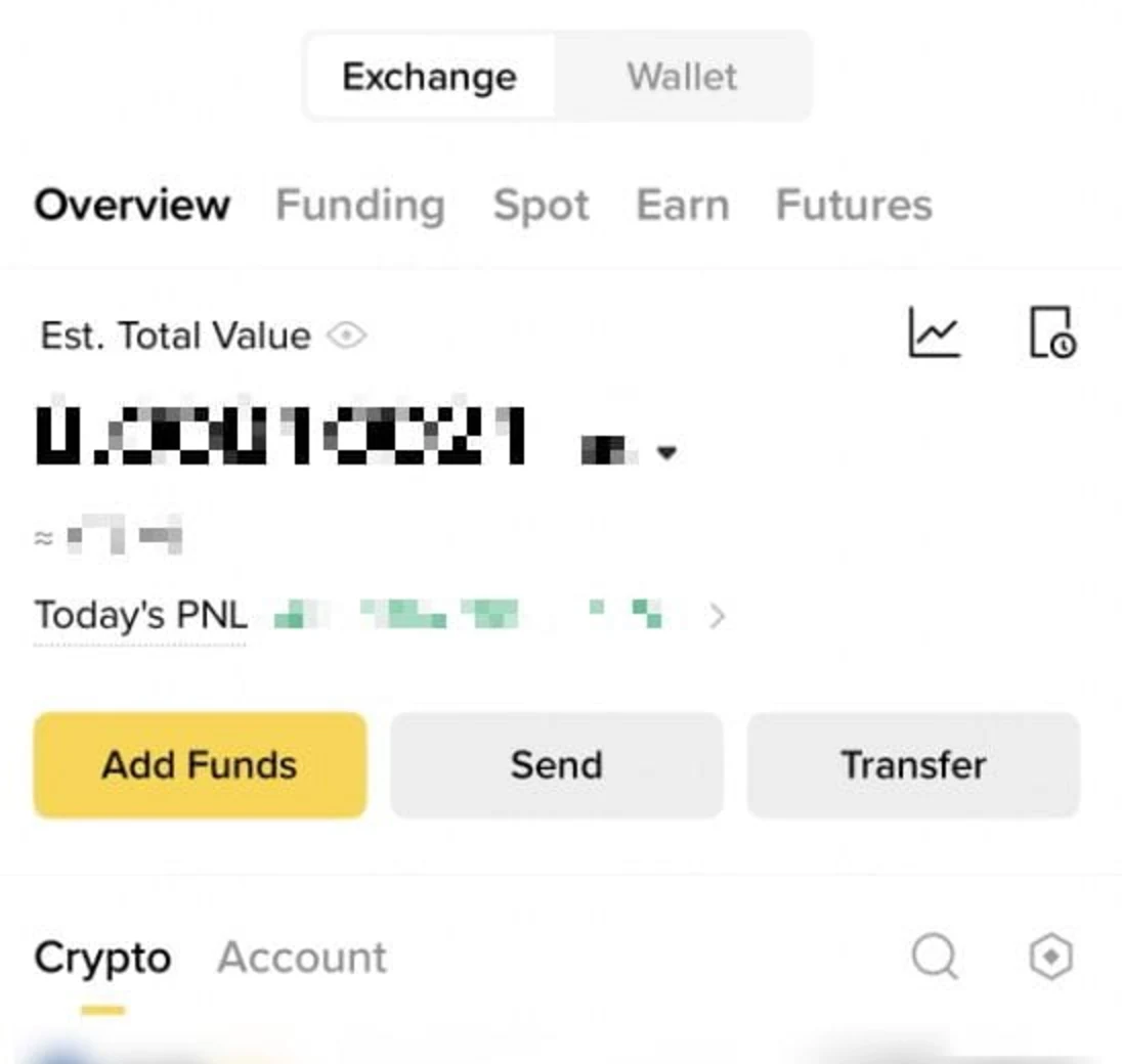 Binance-ის აპის Assets–Overview ეკრანი: ჩანართები Overview, Funding, Spot, Earn, Futures, ქვემოთ Est. Total Value დაფარული თანხით და ღილაკები Add Funds, Send, Transfer
