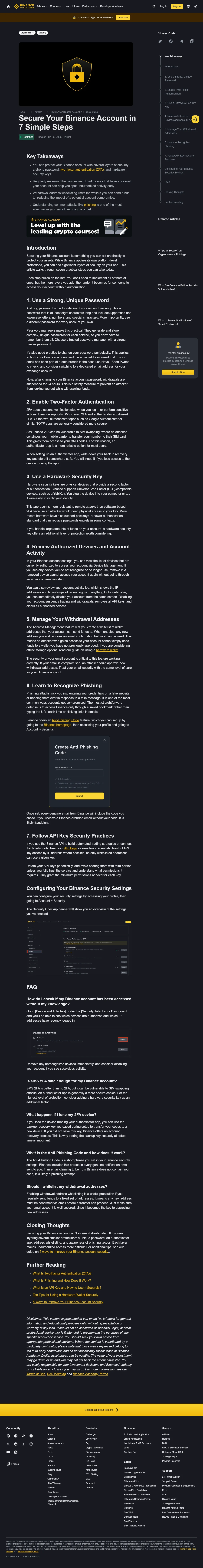 Strona Binance Academy „Secure Your Binance Account in 7 Simple Steps” z nagłówkiem i listą zasad ochrony konta