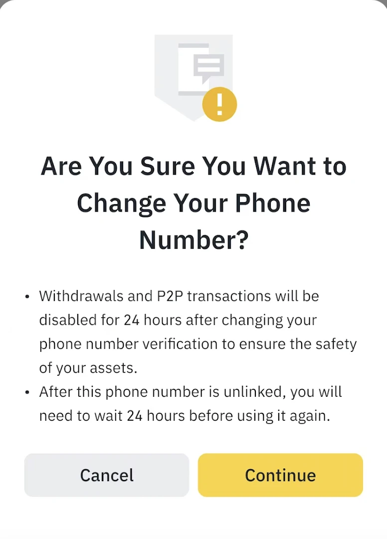 Okno w aplikacji Binance przy zmianie numeru: 24 godziny bez wypłat i 24 godziny do ponownego użycia numeru
