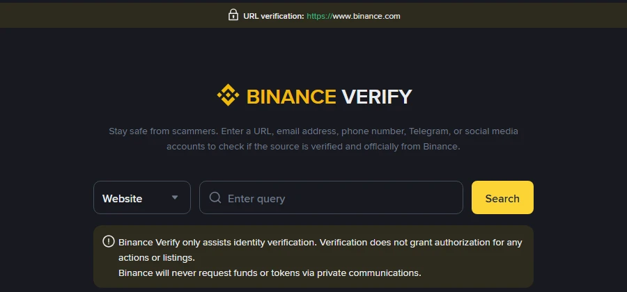 Strona Binance Verify z polem wyboru typu źródła i ostrzeżeniem, że narzędzie tylko wspiera weryfikację, a Binance nigdy nie prosi o środki w prywatnych wiadomościach