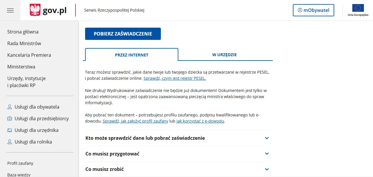 Strona usługi gov.pl z przyciskiem „Pobierz zaświadczenie”, zakładką „Przez internet” i ostrzeżeniem „Nie drukuj! Wydrukowane zaświadczenie nie będzie już dokumentem”