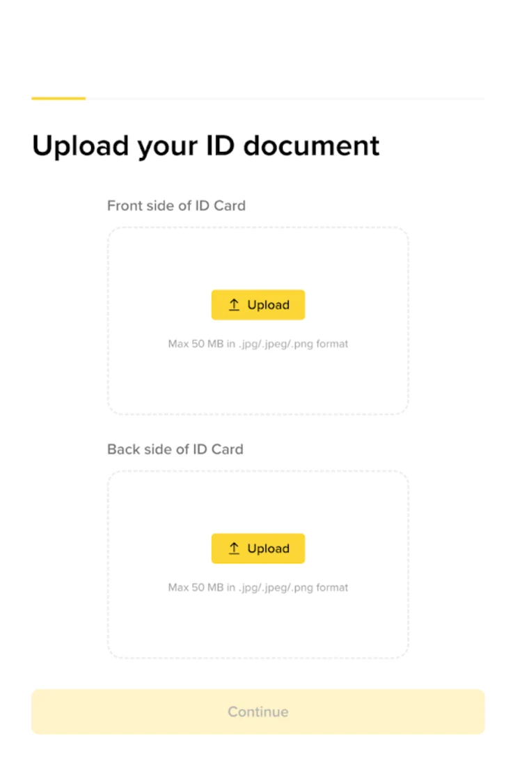 Binance-ის ეკრანი Upload your ID document პირადობის ორივე მხარის ასატვირთი ველებით და ლიმიტით 50 MB