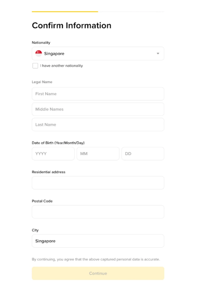 Binance Confirm Information экраны: Nationality, Legal Name, Date of Birth, Residential address, Postal Code және City өрістері