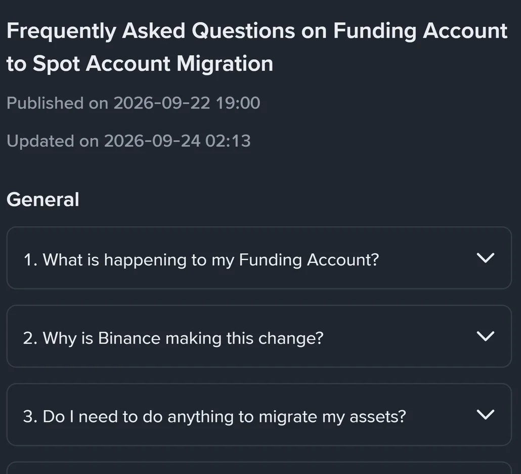 Binance-ის დახმარების გვერდის სათაური ინგლისურად — Frequently Asked Questions on Funding Account to Spot Account Migration — თარიღებით Published on 2026-09-22 და Updated on 2026-09-24