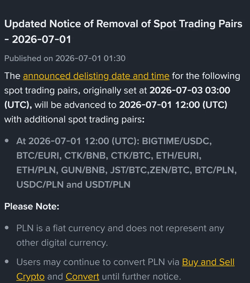Ogłoszenie Binance z 1 lipca 2026 r. z listą wycofanych par spot, w tym BTC/PLN, USDC/PLN i USDT/PLN