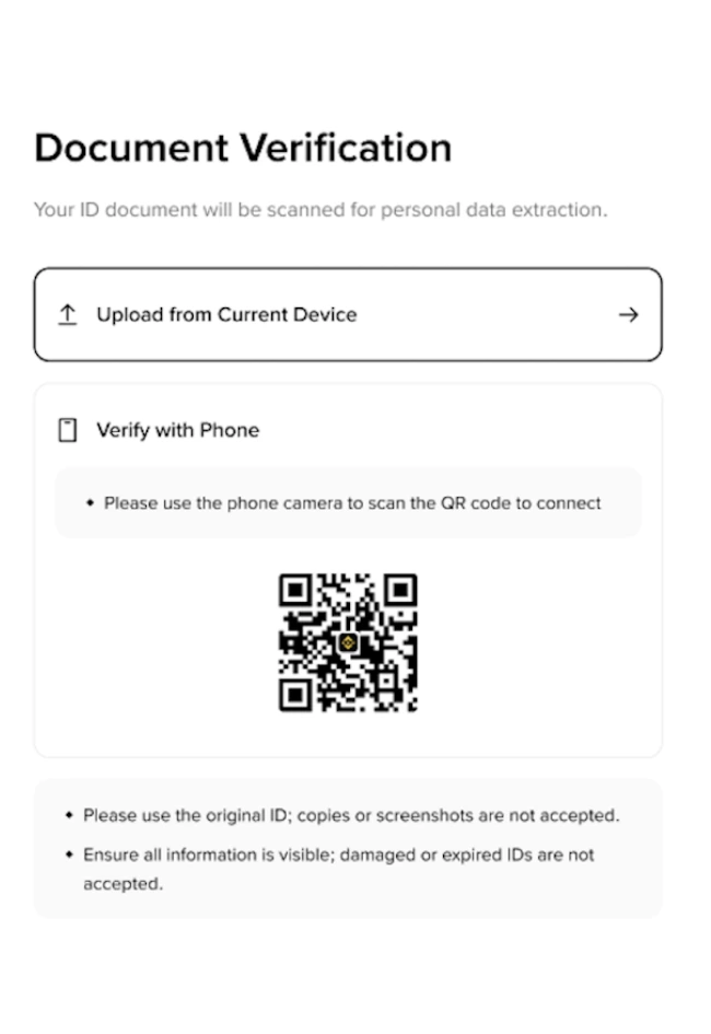 Binance Document Verification экраны: Upload from Current Device жолы, Verify with Phone QR коды және құжат түпнұсқасы туралы екі ескертпе