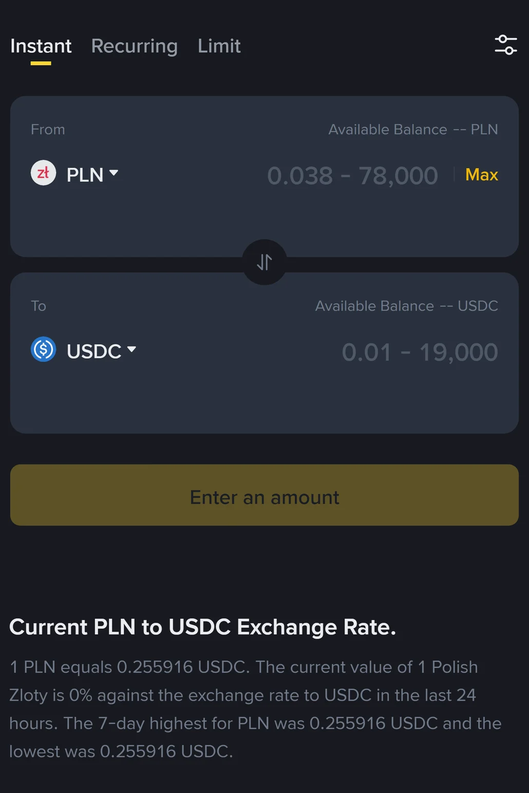 Okno Binance Convert z pary PLN na USDC: limit od 0,038 do 78 000 PLN i kurs 1 PLN = 0,255916 USDC