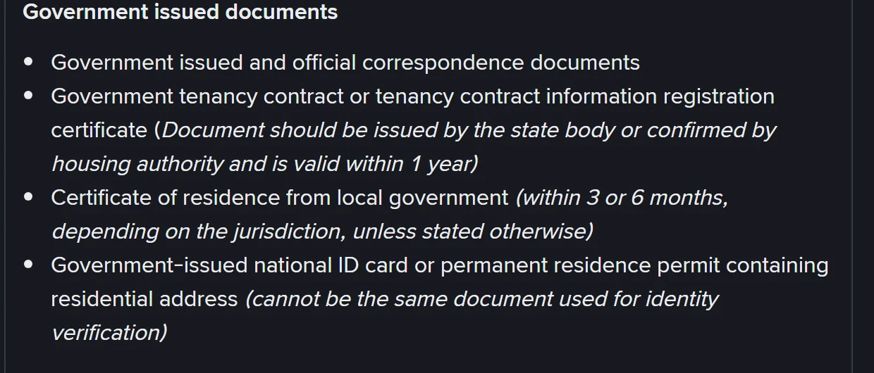 Binance-ის დახმარების გვერდის ნაწილი „Government issued documents“ ოთხი მიღებული სახელმწიფო დოკუმენტის ჩამონათვალით