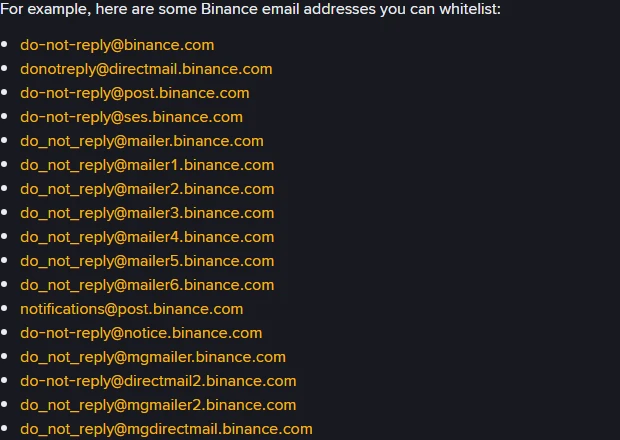 Lista adresów e-mail Binance z oficjalnego poradnika o białej liście nadawców, między innymi do-not-reply@binance.com oraz kilkanaście adresów w domenach mailer i directmail