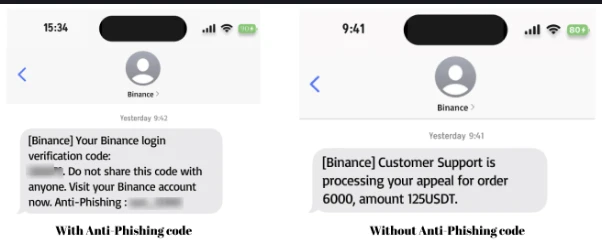 Dwa zrzuty SMS-ów od Binance z oficjalnego poradnika: po lewej wiadomość z dopiskiem Anti-Phishing, po prawej wiadomość o rzekomej sprawie obsługi klienta bez kodu