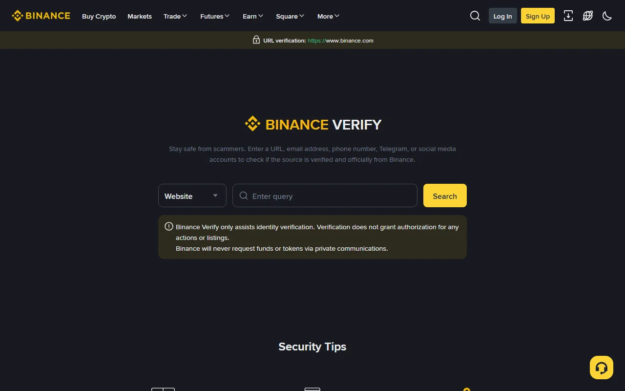 Binance Verify-ის ოფიციალური გვერდი, ზედა ზოლში https://www.binance.com მისამართით, ვებსაიტის შესამოწმებელი ველით და გაფრთხილებით, რომ დადასტურება ქმედების ავტორიზაციას არ ნიშნავს