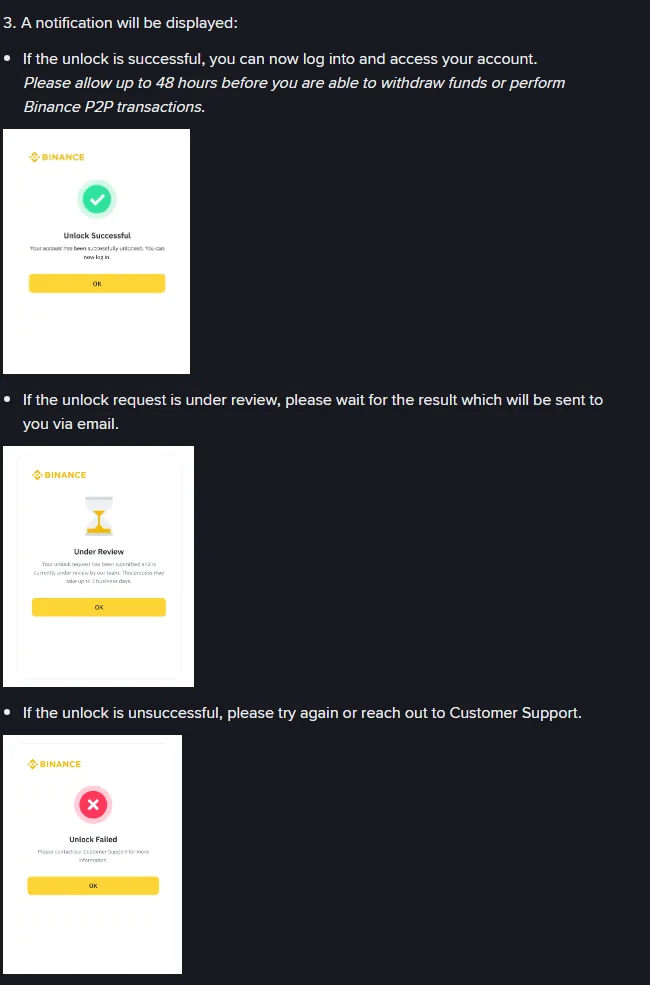 Trzy ekrany wyniku odblokowania konta na stronie pomocy Binance: Unlock Successful z zielonym znacznikiem, Under Review z klepsydrą i informacją o rozpatrzeniu do 3 dni roboczych oraz Unlock Failed z czerwonym krzyżykiem i odesłaniem do obsługi klienta