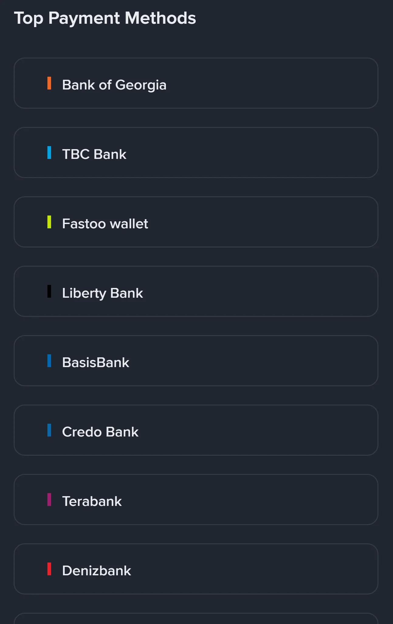 Binance P2P-ის გადახდის მეთოდები ლარისთვის: Bank of Georgia, TBC Bank, Fastoo wallet, Liberty Bank, BasisBank