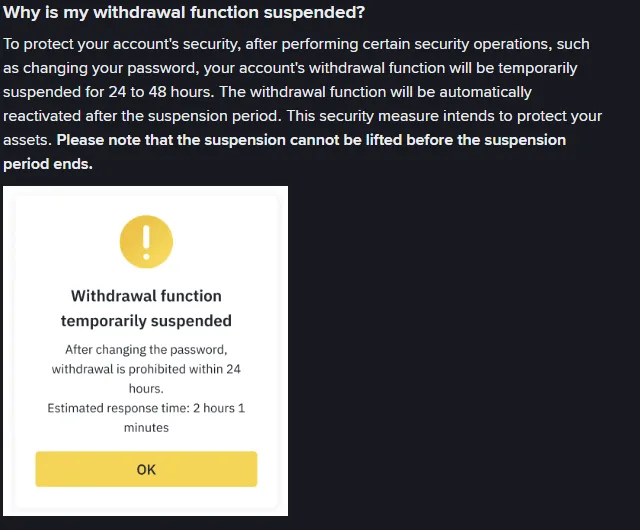 Fragment strony pomocy Binance „Why is my withdrawal function suspended?” z wyjaśnieniem o zawieszeniu wypłat na 24 do 48 godzin po operacjach bezpieczeństwa oraz okno w aplikacji informujące, że po zmianie hasła wypłata jest zablokowana przez 24 godziny