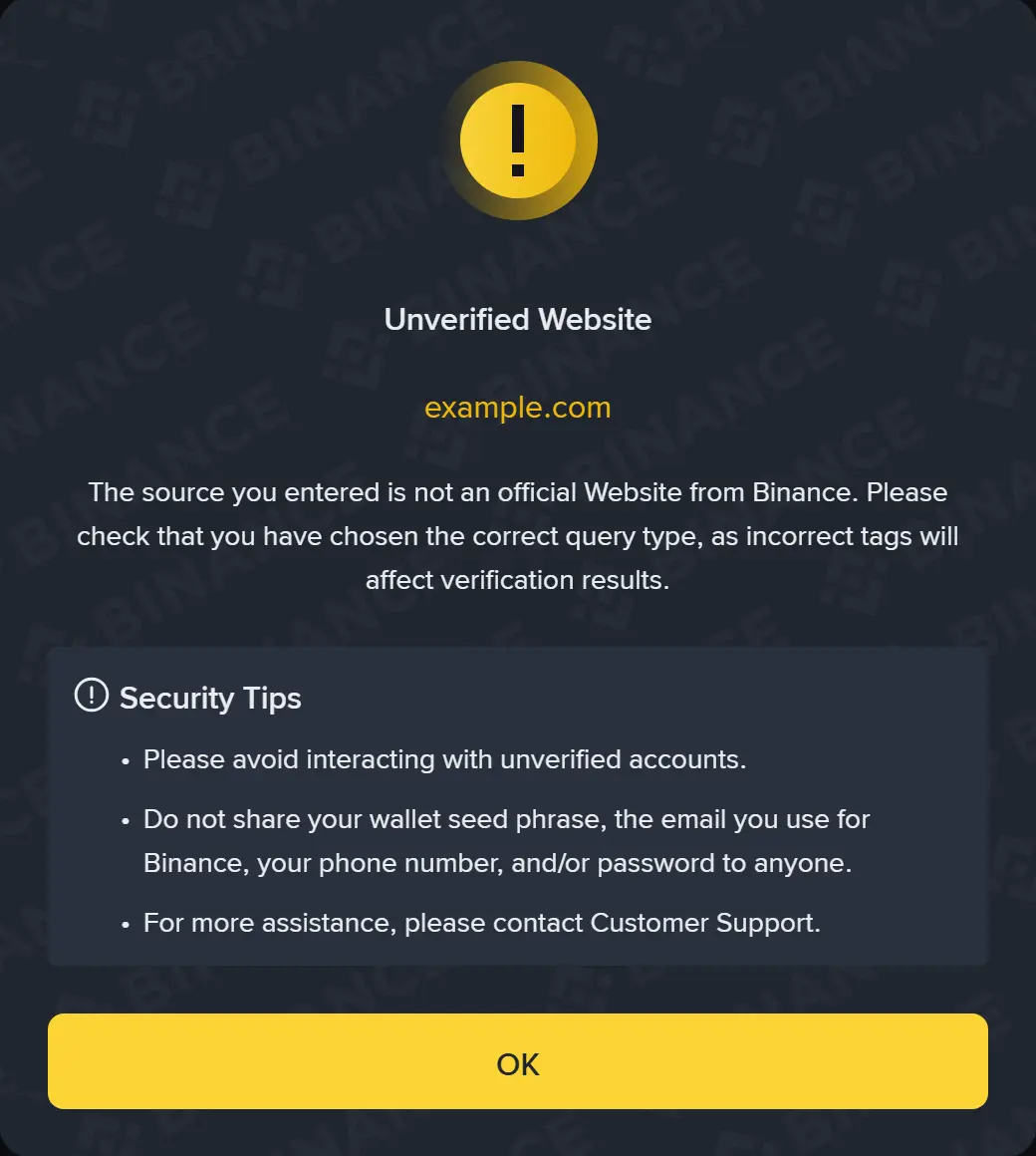 Wynik Binance Verify dla example.com: „Unverified Website" i wskazówki bezpieczeństwa
