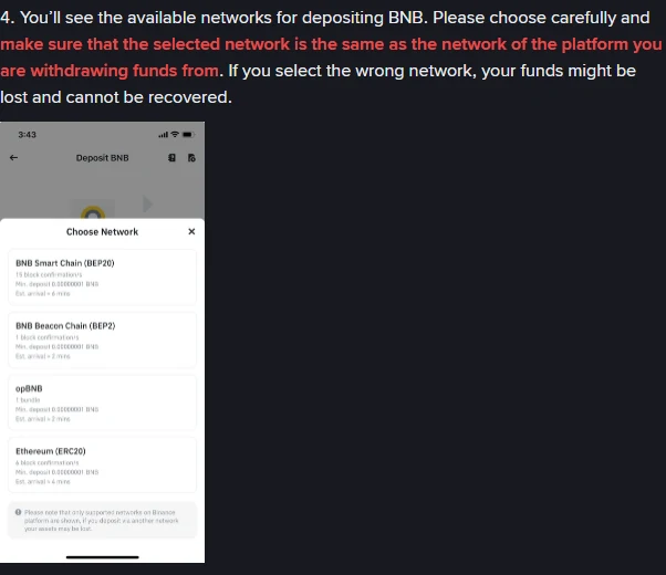 Binance-ის ოფიციალური ინსტრუქციის მე-4 ნაბიჯი წითელი გაფრთხილებით ქსელის არჩევაზე და გვერდით აპის ეკრანი Choose Network, სადაც თითოეულ ქსელს უწერია დადასტურებების რაოდენობა, მინიმალური შეტანა და სავარაუდო დრო