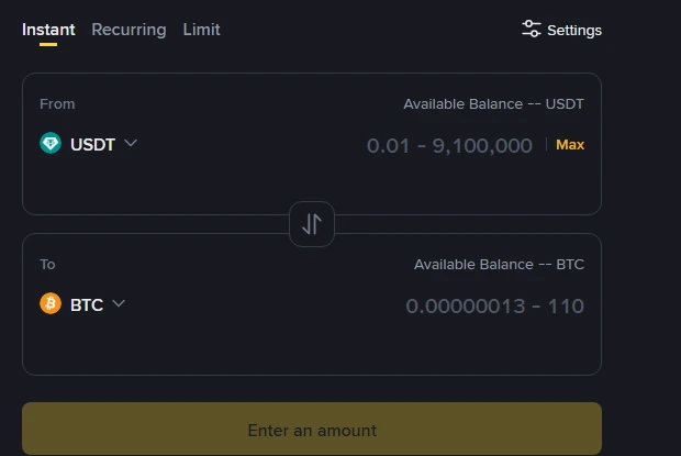 Binance Convert-ის პანელი: ჩანართები Instant, Recurring, Limit, ველი From USDT ლიმიტით 0.01–9,100,000 და ველი To BTC ლიმიტით 0.00000013–110