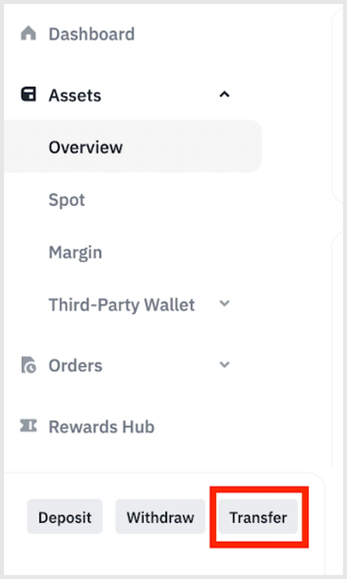 Binance веб-сайтының Assets – Overview бетінің сол жақ мәзірі: Assets бөлімінің астында Overview, Spot, Margin тармақтары, төменде Deposit, Withdraw және қызыл жиекпен белгіленген Transfer түймелері