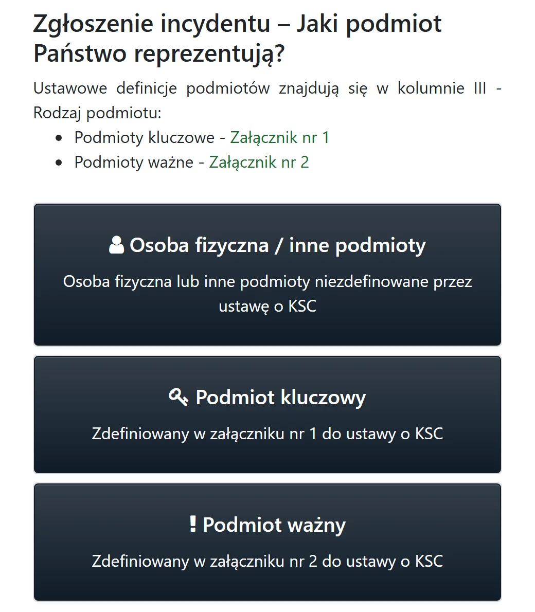 Formularz zgłoszenia incydentu CERT Polska z pytaniem, jaki podmiot reprezentuje zgłaszający, i przyciskiem „Osoba fizyczna / inne podmioty”