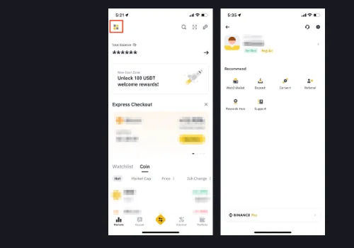 Binance-ის ოფიციალური მხარდაჭერის სახელმძღვანელოში ნაჩვენები ორი რეალური აპის ეკრანი: მარცხნივ Binance Lite-ის მთავარი გვერდი ქვედა ნავიგაციით, მარჯვნივ ანგარიშის ცენტრი ფუნქციების მალსახმობებით