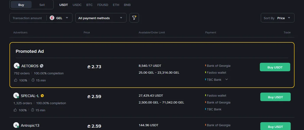 ლარით USDT-ის ყიდვა Binance-ზე: როგორ არ გადაიხადოთ ზედმეტი