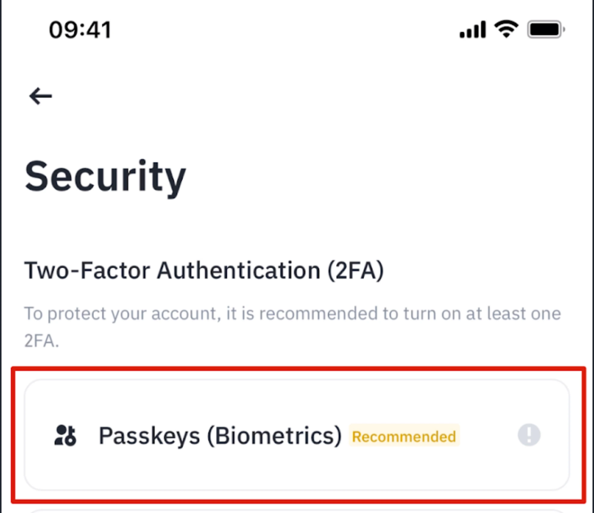 Binance қолданбасының Security экраны: Two-Factor Authentication (2FA) тізіміндегі Passkeys (Biometrics) Recommended жолы қызыл жақтаумен белгіленген