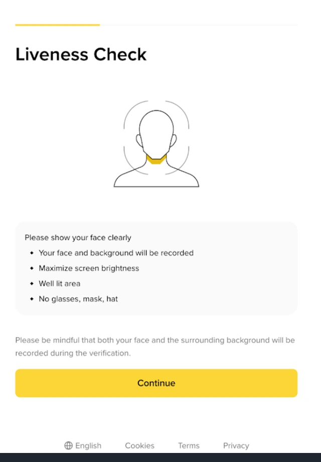 Binance Liveness Check экраны: бет контуры және Please show your face clearly деген тізім, астында Continue түймесі
