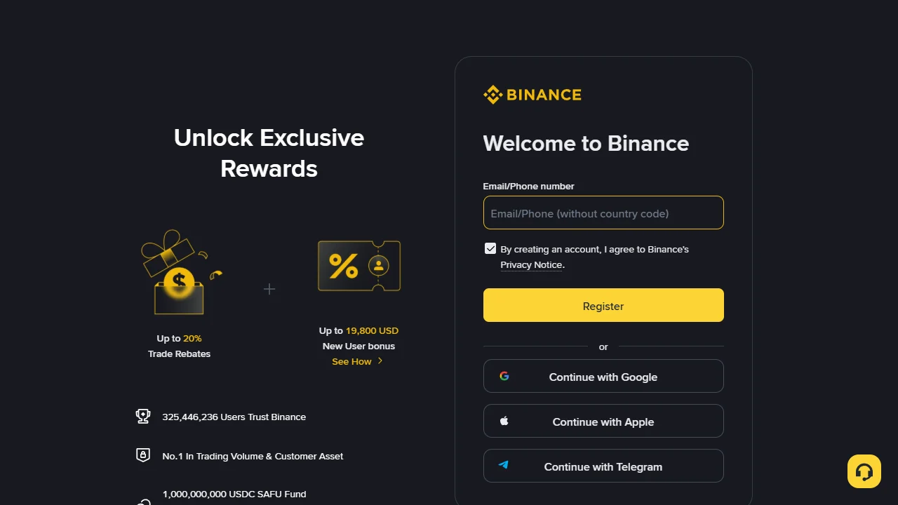 Binance-ის ოფიციალური ინგლისური სარეგისტრაციო გვერდი BNB986 კოდით, წარწერით Up to 20% Trade Rebates და ცარიელი რეგისტრაციის ფორმით