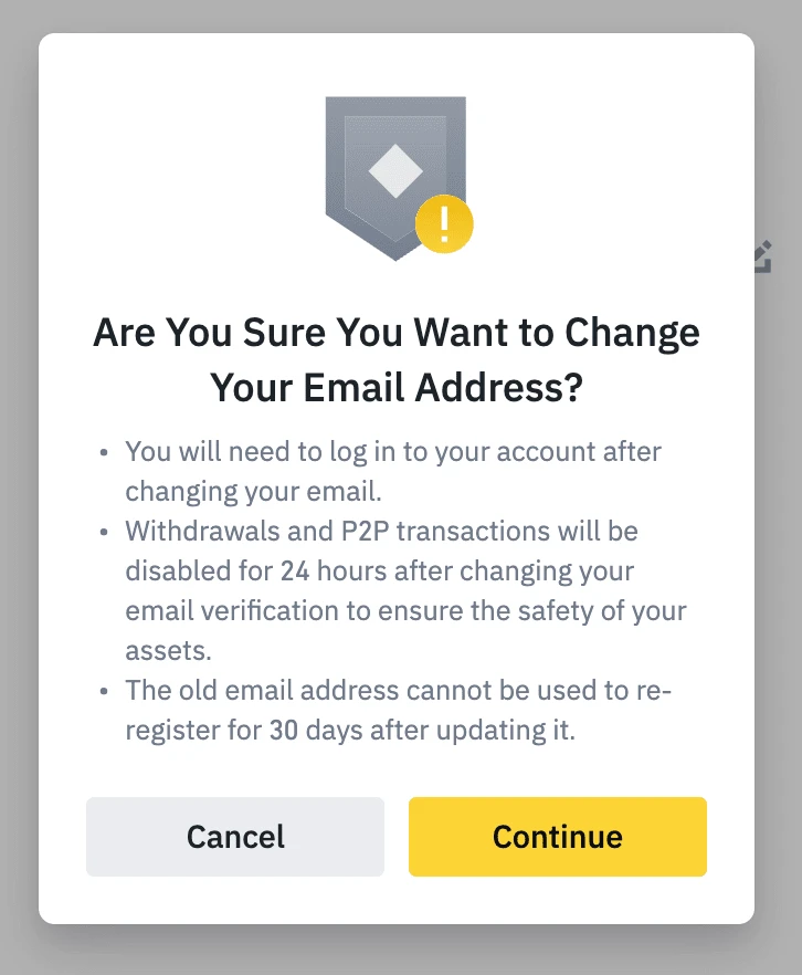 Okno Binance „Are You Sure You Want to Change Your Email Address?” z informacją o 24 godzinach i 30 dniach