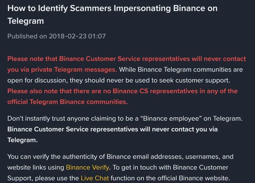 Strona pomocy Binance o oszustach podszywających się pod firmę na Telegramie, z czerwonym ostrzeżeniem, że obsługa klienta nigdy nie pisze prywatnych wiadomości i nie ma jej w oficjalnych społecznościach