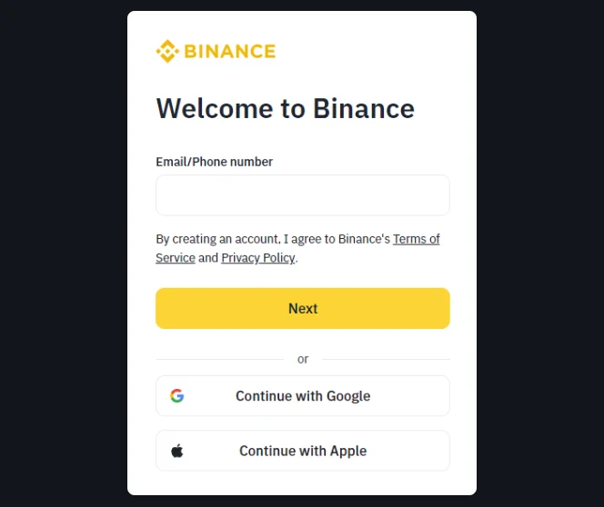 Binance-ის რეალური სარეგისტრაციო ფორმა: Email/Phone number ველი, Next ღილაკი და Google/Apple გაგრძელების ვარიანტები