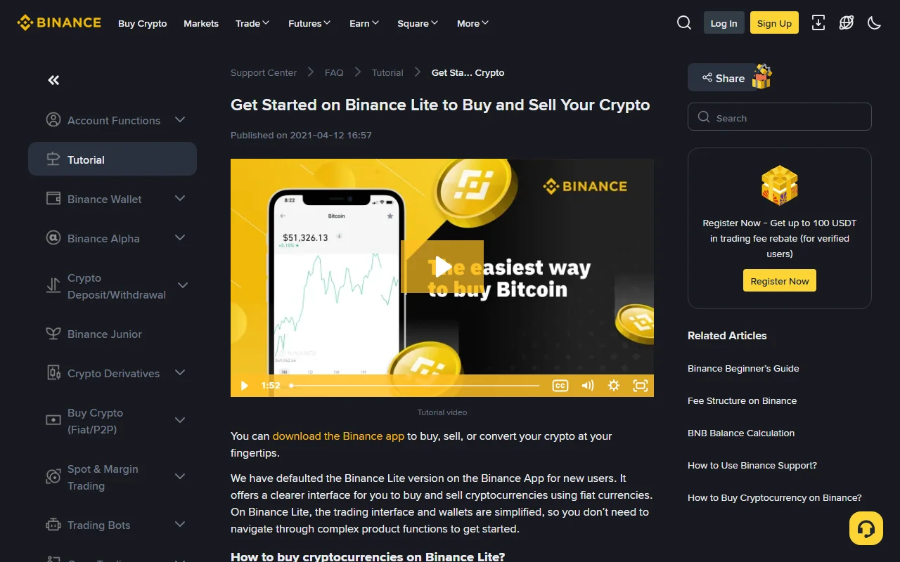 Oficjalne Centrum Wsparcia Binance z poradnikiem Binance Lite i grafiką aplikacji na telefonie, widok sprawdzony 10 sierpnia 2026 r.