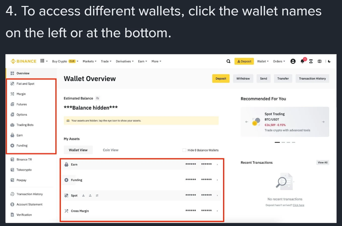 Strona Wallet Overview w Binance: po lewej lista portfeli Fiat and Spot, Margin, Futures, Options, Trading Bots, Earn i Funding, po prawej salda Earn, Funding, Spot i Cross Margin z ukrytymi kwotami
