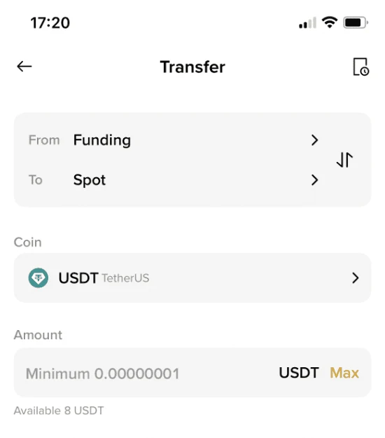 Binance қолданбасының Transfer экраны: From өрісінде Funding, To өрісінде Spot, монета ретінде USDT таңдалған, Amount өрісінде Minimum 0.00000001 жазуы және төменде Confirm Transfer түймесі