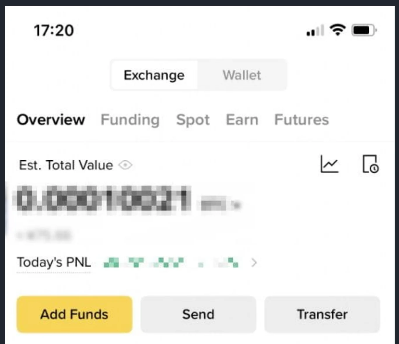 Ekran Aktywa w aplikacji Binance: przełącznik Exchange/Wallet, pod nim zakładki Overview, Funding, Spot, Earn, Futures oraz przyciski Add Funds, Send i Transfer