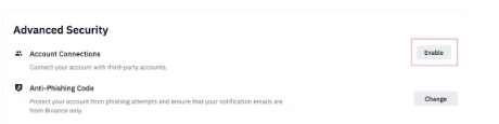 Zrzut z oficjalnej instrukcji Binance: sekcja Advanced Security z wierszem Anti-Phishing Code, opisem po angielsku i przyciskiem Change po prawej stronie