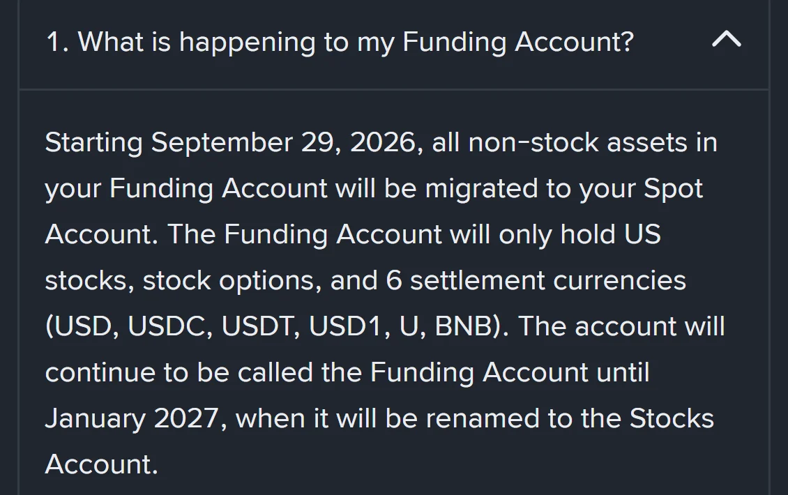 Fragment artykułu Binance „1. What is happening to my Funding Account?” z informacją, że od 29 września 2026 r. aktywa inne niż akcje przechodzą z Funding Account do Spot Account