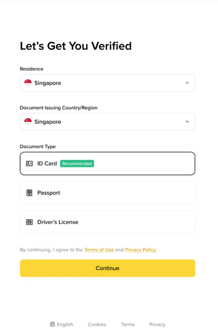 Binance-ის ეკრანი Let's Get You Verified ველებით Residence, Document Issuing Country/Region და დოკუმენტის სამი ტიპით