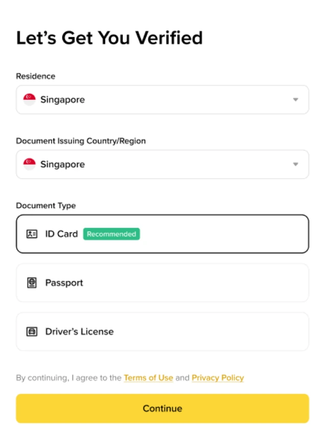 Binance растау экранының ресми мысалы: Let's Get You Verified тақырыбы, Residence және Document Issuing Country/Region өрістері, ID Card, Passport, Driver's License нұсқалары